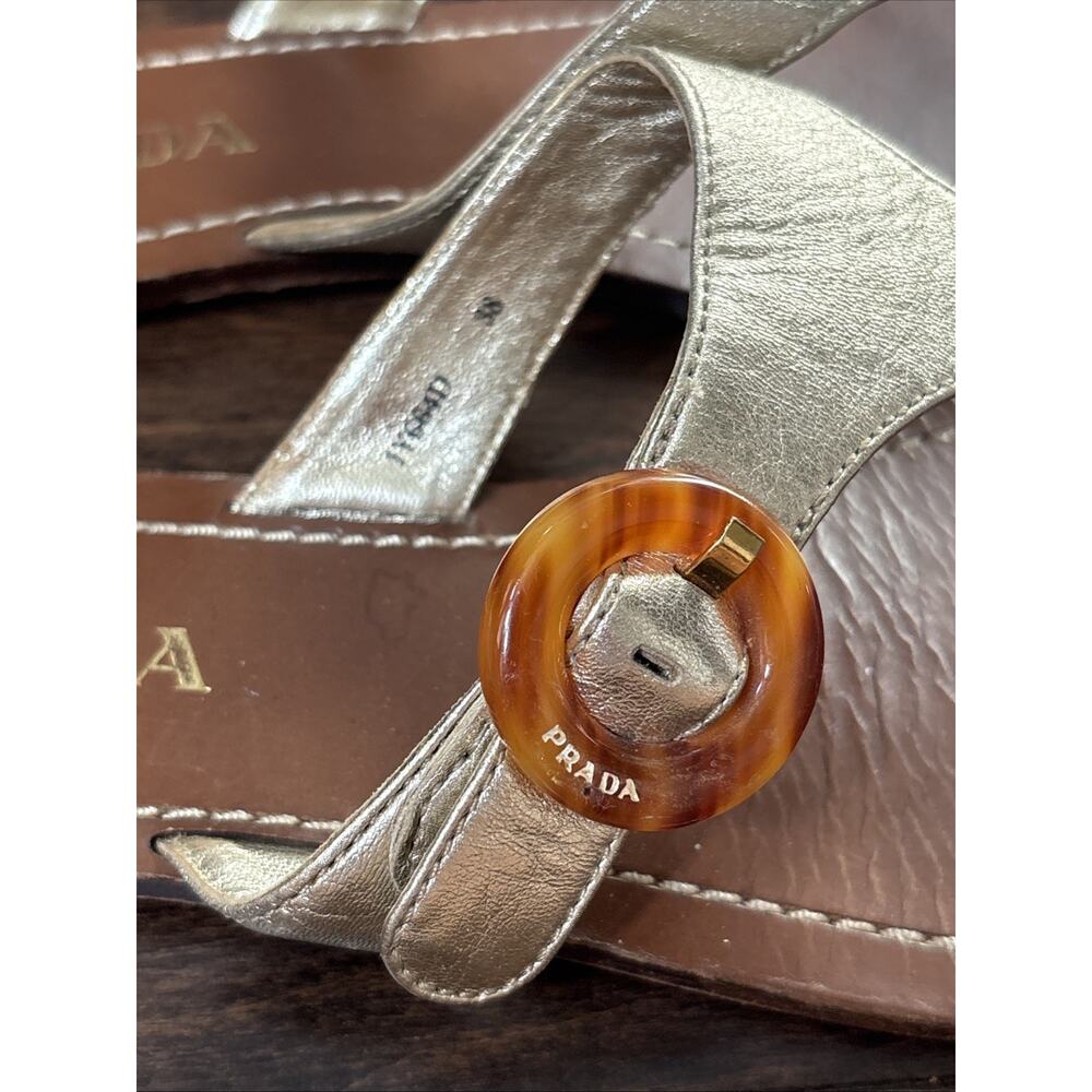 Prada Gold Leather Thong Sandals Women’s Size 38 Logo Buckle - Picture 5 of 8